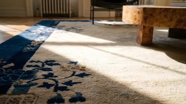 Small solid open ivory color field antique peking chinese area rug 10 Small solid open ivory color field antique peking chinese area rug (sku 23538) - in-room detail