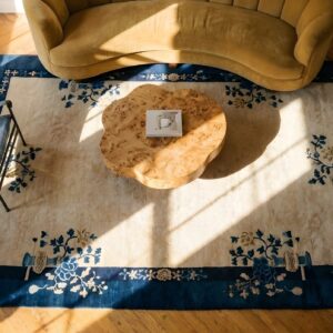 Small Solid Open Ivory Color Field Antique Peking Chinese Area Rug (SKU 23538) - styled overhead view