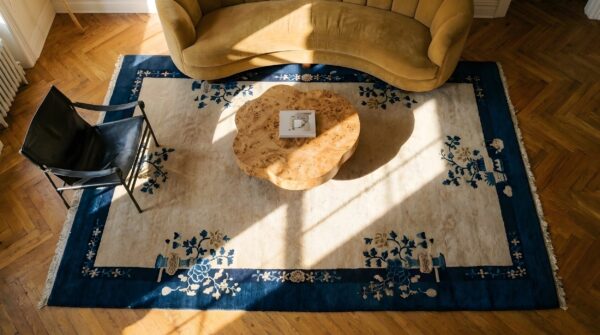 Small solid open ivory color field antique peking chinese area rug 2 Small solid open ivory color field antique peking chinese area rug (sku 23538) - styled overhead view