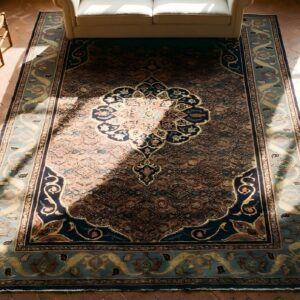 Small Antique Square Bidjar Persian Medallion Hand Knotted Wool Rug (SKU 24734) - styled overhead view