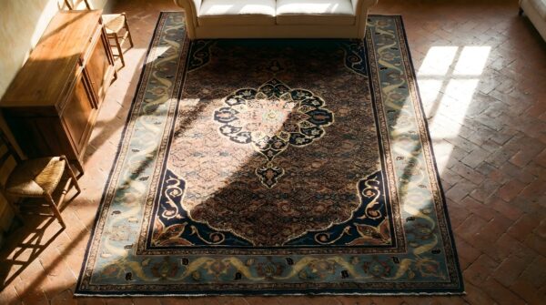 Small antique square bidjar persian medallion hand knotted wool rug 2 Small antique square bidjar persian medallion hand knotted wool rug (sku 24734) - styled overhead view