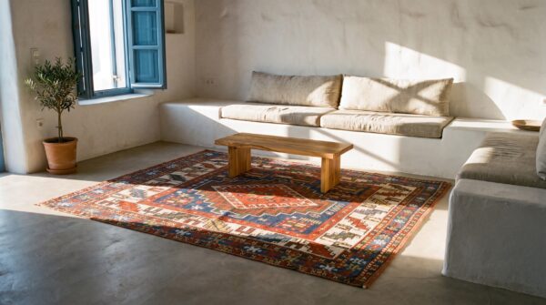 Small square antique caucasian kazak tribal throw rug 9 Small square antique caucasian kazak tribal throw rug (sku 25522) - room view