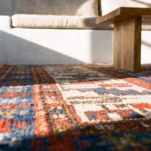 Small Square Antique Caucasian Kazak Tribal Throw Rug (SKU 25522) - in-room detail