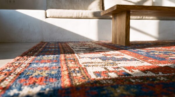 Small square antique caucasian kazak tribal throw rug 10 Small square antique caucasian kazak tribal throw rug (sku 25522) - in-room detail