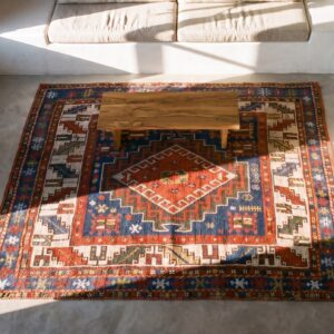 Small Square Antique Caucasian Kazak Tribal Throw Rug (SKU 25522) - styled overhead view