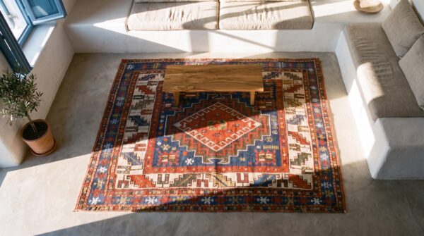 Small square antique caucasian kazak tribal throw rug 2 Small square antique caucasian kazak tribal throw rug (sku 25522) - styled overhead view