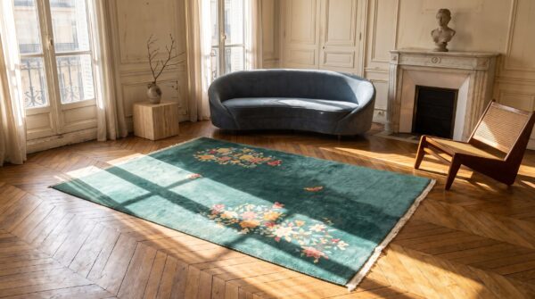 Small square antique chinese art deco seafoam green wool rug 5 Small square antique chinese art deco seafoam green wool rug (sku 22350) - room view