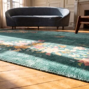 Small Square Antique Chinese Art Deco Seafoam Green Wool Rug (SKU 22350) - in-room detail