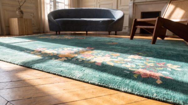 Small square antique chinese art deco seafoam green wool rug 6 Small square antique chinese art deco seafoam green wool rug (sku 22350) - in-room detail