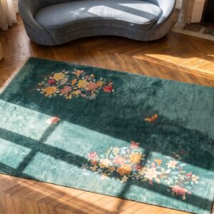 Small Square Antique Chinese Art Deco Seafoam Green Wool Rug (SKU 22350) - styled overhead view