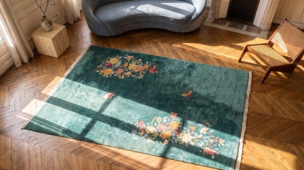 Small square antique chinese art deco seafoam green wool rug 2 Small square antique chinese art deco seafoam green wool rug (sku 22350) - styled overhead view
