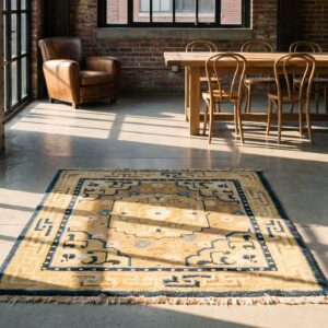 Small Square Antique Early 19th Century Chinese Ningxia Yellow Scatter Rug (SKU 22668) - room view