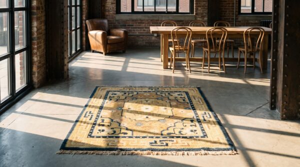Small square antique early 19th century chinese ningxia yellow scatter rug 7 Small square antique early 19th century chinese ningxia yellow scatter rug (sku 22668) - room view
