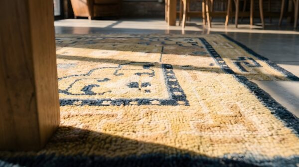 Small square antique early 19th century chinese ningxia yellow scatter rug 8 Small square antique early 19th century chinese ningxia yellow scatter rug (sku 22668) - in-room detail