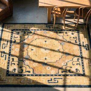Small Square Antique Early 19th Century Chinese Ningxia Yellow Scatter Rug (SKU 22668) - styled overhead view