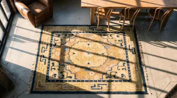 Small square antique early 19th century chinese ningxia yellow scatter rug 2 Small square antique early 19th century chinese ningxia yellow scatter rug (sku 22668) - styled overhead view