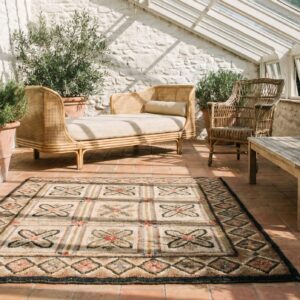 Small Square Floral Grid Pattern Antique American Folk Art Hooked Rug (SKU 17623) - room view