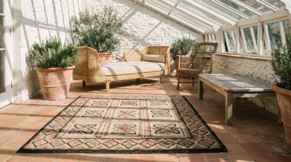 Small square floral grid pattern antique american folk art hooked rug 7 Small square floral grid pattern antique american folk art hooked rug (sku 17623) - room view