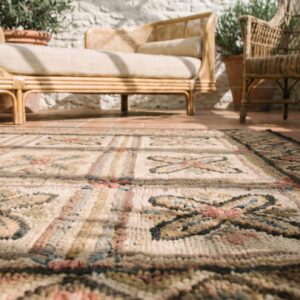 Small Square Floral Grid Pattern Antique American Folk Art Hooked Rug (SKU 17623) - in-room detail