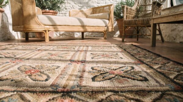 Small square floral grid pattern antique american folk art hooked rug 8 Small square floral grid pattern antique american folk art hooked rug (sku 17623) - in-room detail
