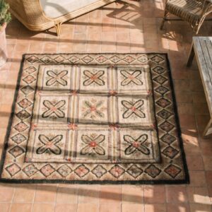 Small Square Floral Grid Pattern Antique American Folk Art Hooked Rug (SKU 17623) - styled overhead view