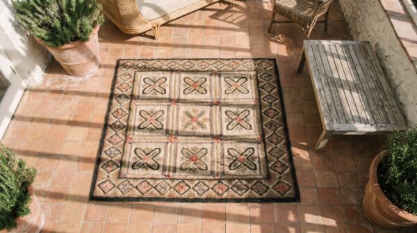 Small square floral grid pattern antique american folk art hooked rug 2 Small square floral grid pattern antique american folk art hooked rug (sku 17623) - styled overhead view
