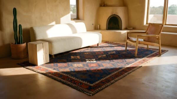 Small square antique geometric persian baluch tribal rug 10 Small square antique geometric persian baluch tribal rug (sku 24727) - room view