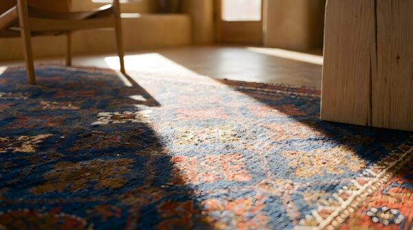 Small square antique geometric persian baluch tribal rug 11 Small square antique geometric persian baluch tribal rug (sku 24727) - in-room detail