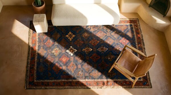 Small square antique geometric persian baluch tribal rug 2 Small square antique geometric persian baluch tribal rug (sku 24727) - styled overhead view