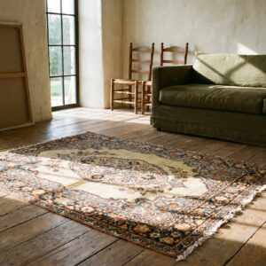 Small Square Antique Ivory Persian Tabriz Late 19th Century Throw Rug (SKU 20178) - room view