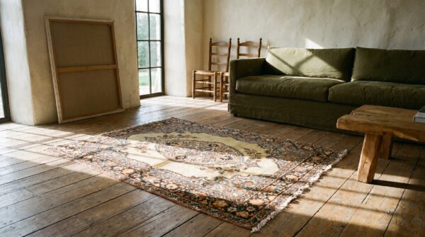 Small square antique ivory persian tabriz late 19th century throw rug 6 Small square antique ivory persian tabriz late 19th century throw rug (sku 20178) - room view