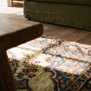 Small Square Antique Ivory Persian Tabriz Late 19th Century Throw Rug (SKU 20178) - in-room detail