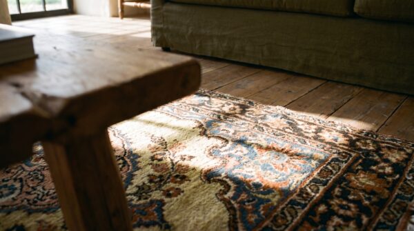 Small square antique ivory persian tabriz late 19th century throw rug 7 Small square antique ivory persian tabriz late 19th century throw rug (sku 20178) - in-room detail
