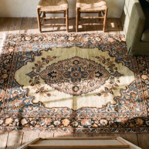 Small Square Antique Ivory Persian Tabriz Late 19th Century Throw Rug (SKU 20178) - styled overhead view