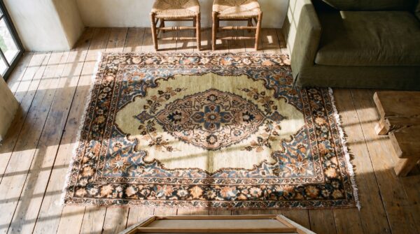 Small square antique ivory persian tabriz late 19th century throw rug 2 Small square antique ivory persian tabriz late 19th century throw rug (sku 20178) - styled overhead view