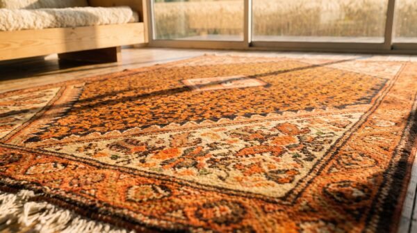 Small square antique persian malayer wool pile throw rug 8 Small square antique persian malayer wool pile throw rug (sku 21394) - in-room detail