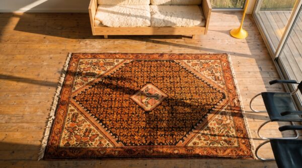 Small square antique persian malayer wool pile throw rug 2 Small square antique persian malayer wool pile throw rug (sku 21394) - styled overhead view