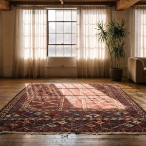 Small Square Red Antique Tribal Pattern Turkmen Engsi Hand Knotted Wool Rug (SKU 22116) - room view