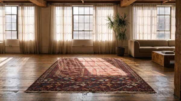 Small square red antique tribal pattern turkmen engsi hand knotted wool rug (sku 22116) - room view