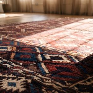 Small Square Red Antique Tribal Pattern Turkmen Engsi Hand Knotted Wool Rug (SKU 22116) - in-room detail