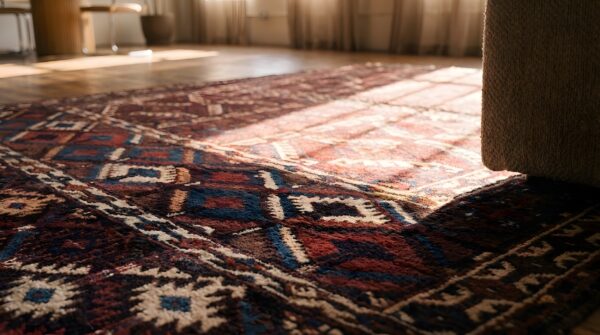Small square red antique tribal pattern turkmen engsi hand knotted wool rug (sku 22116) - in-room detail