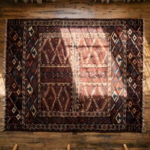 Small Square Red Antique Tribal Pattern Turkmen Engsi Hand Knotted Wool Rug (SKU 22116) - styled overhead view