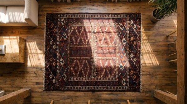 Small square red antique tribal pattern turkmen engsi hand knotted wool rug (sku 22116) - styled overhead view