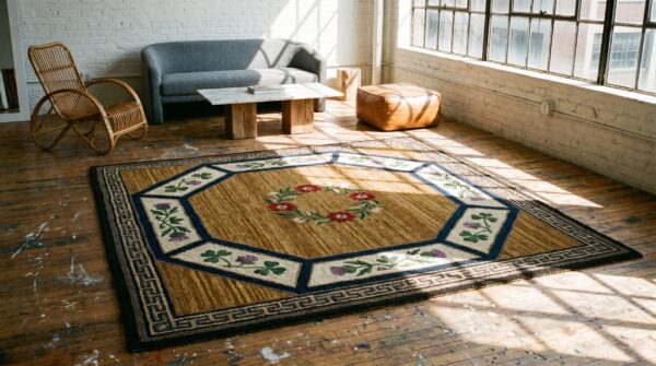 Small square scatter size american hooked wool 1930s antique rug (sku 19926) - room view