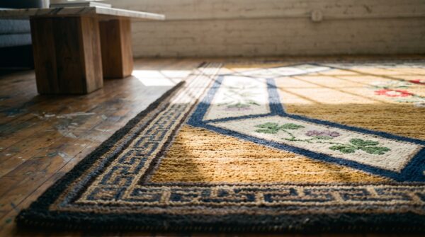 Small square scatter size american hooked wool 1930s antique rug (sku 19926) - in-room detail