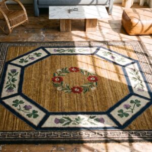 Small Square Scatter Size American Hooked Wool 1930s Antique Rug (SKU 19926) - styled overhead view