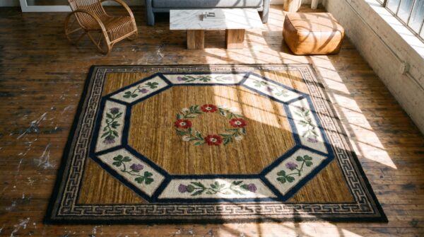 Small square scatter size american hooked wool 1930s antique rug (sku 19926) - styled overhead view