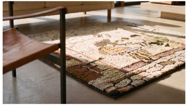Small square scatter size american wool ivory antique hooked 1920s rug 11 Small square scatter size american wool ivory antique hooked 1920s rug (sku 21855) - in-room detail