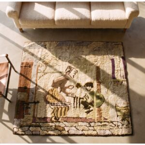 Small Square Scatter Size American Wool Ivory Antique Hooked 1920s Rug (SKU 21855) - styled overhead view