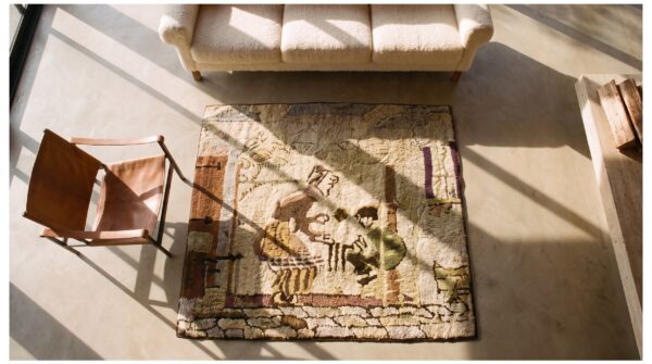 Small square scatter size american wool ivory antique hooked 1920s rug 2 Small square scatter size american wool ivory antique hooked 1920s rug (sku 21855) - styled overhead view